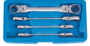Double-ring ratchet spanner set, 10-19 mm, with joint, 4-piece